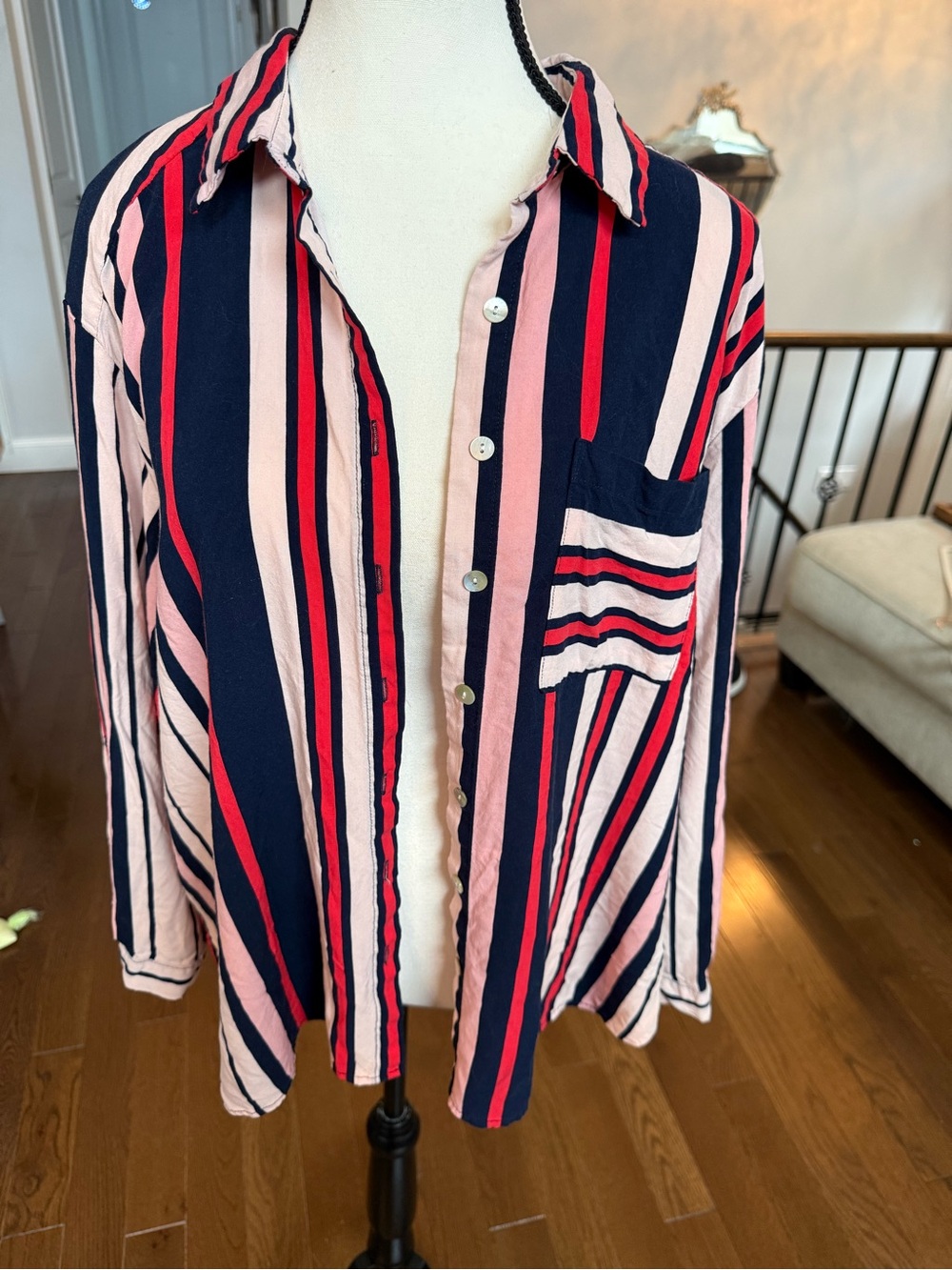 Zac & Rachel Navy, Pink & Red Vertical Stripe Soft Button-Up Blouse Size 1X
